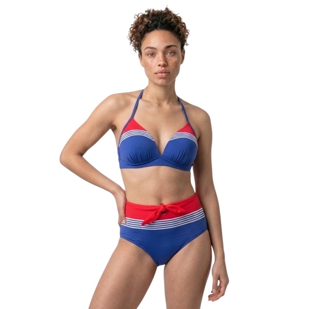la Vie en Rose Aqua Bikini Set Blue Red Nautical High Waist Halter Medium